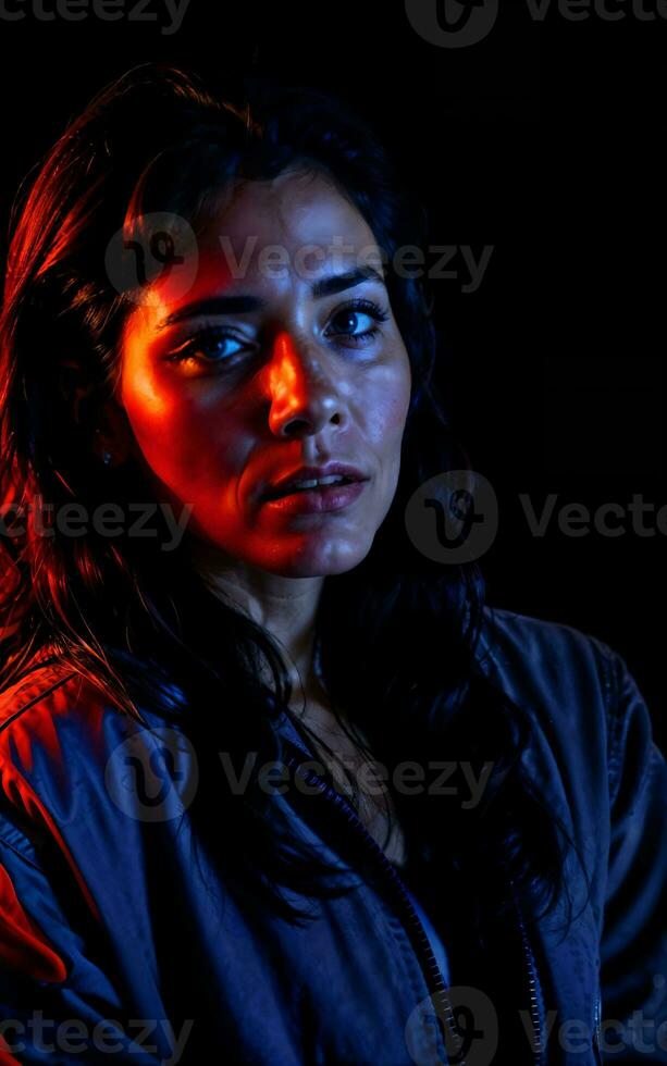 photo de magnifique femme avec mixte rouge et bleu éclairage , génératif ai