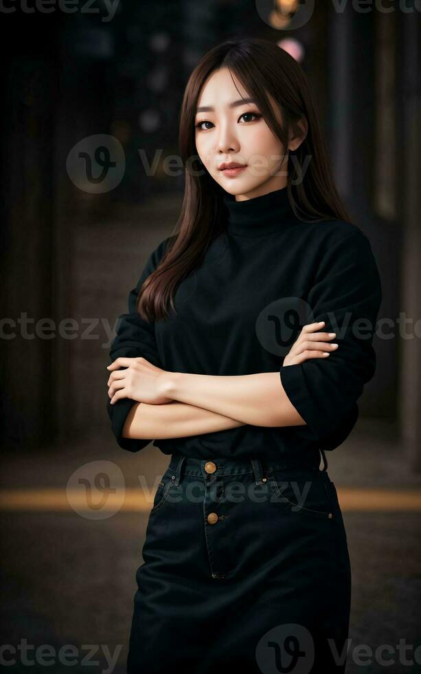 photo portrait de adolescent joyeux asiatique femme avec noir cheveux , génératif ai