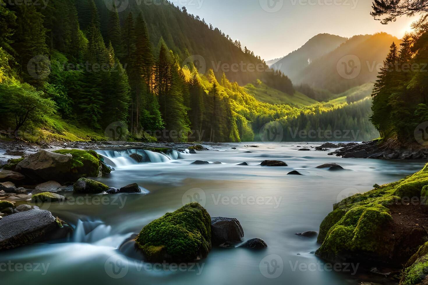 magnifique vert Montagne et rivière généré ai photo