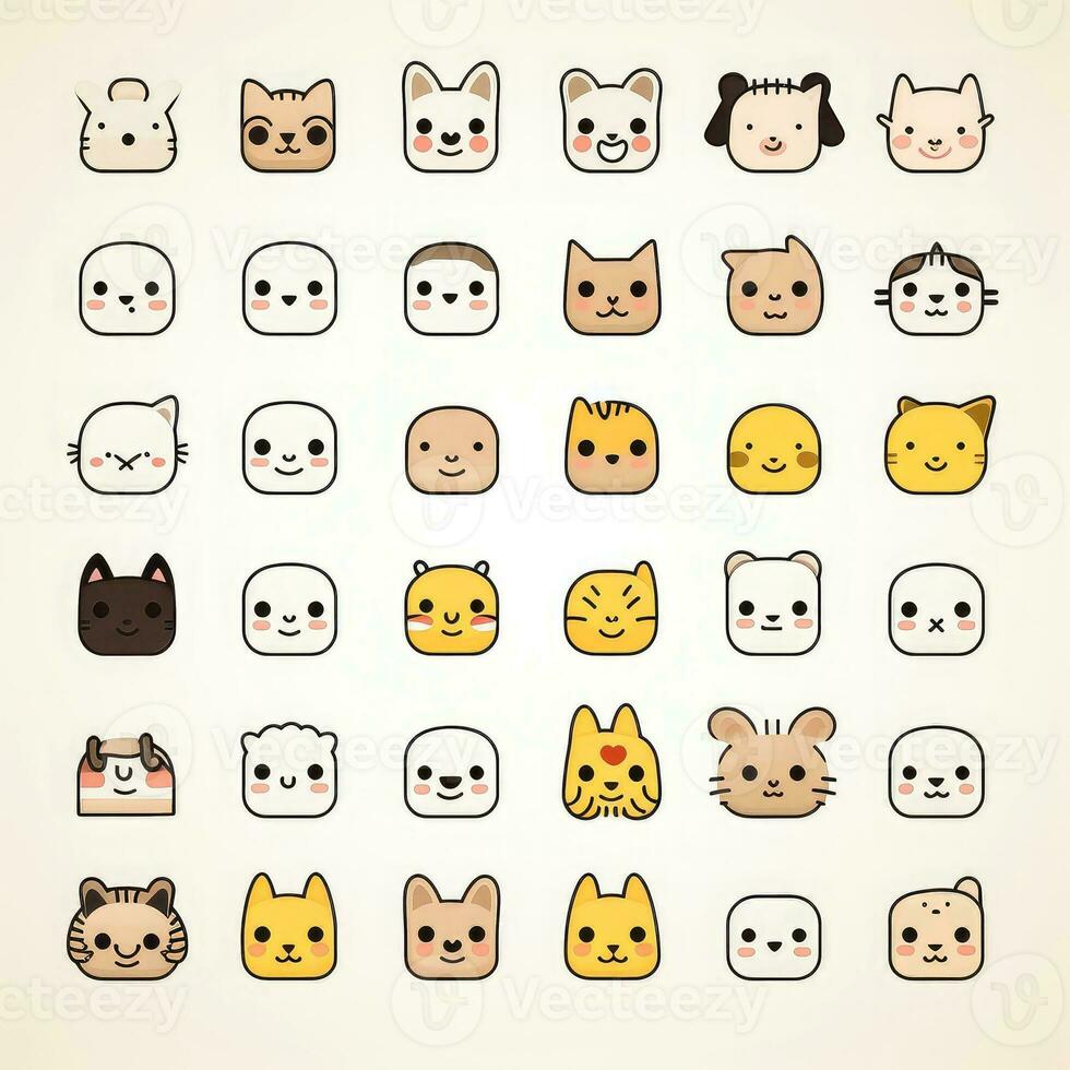 ensemble de animal visages, visage les émojis, autocollants, émoticônes, dessin animé marrant mascotte personnages visage ensemble, génératif ai illustration photo