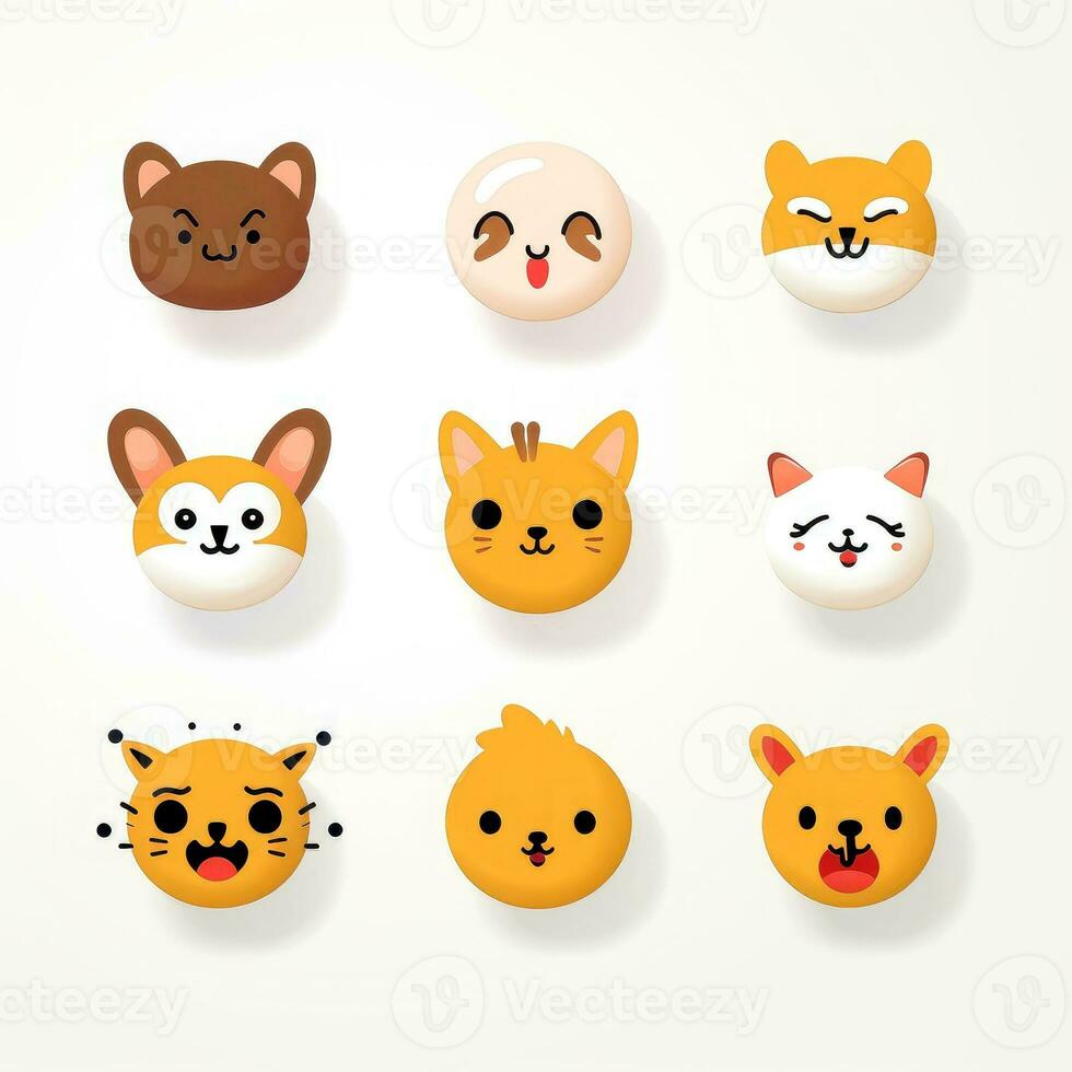 ensemble de animal visages, visage les émojis, autocollants, émoticônes, dessin animé marrant mascotte personnages visage ensemble, génératif ai illustration photo