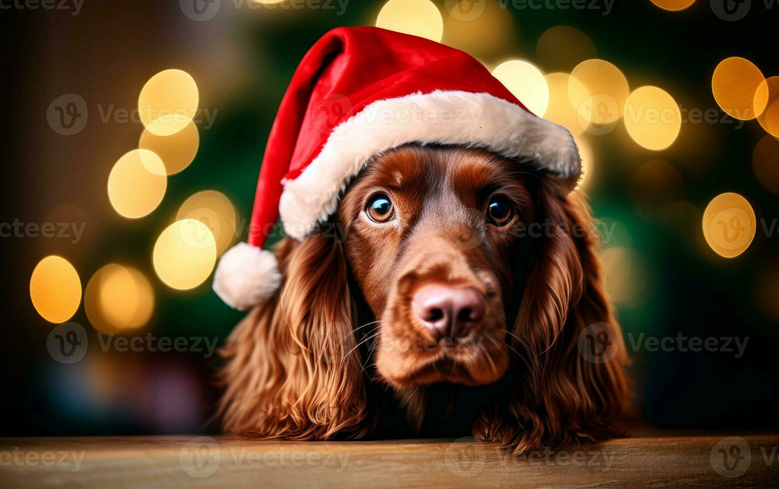 mignonne chien dans Père Noël claus chapeau contre flou Noël lumières avec copie espace. produire ai photo