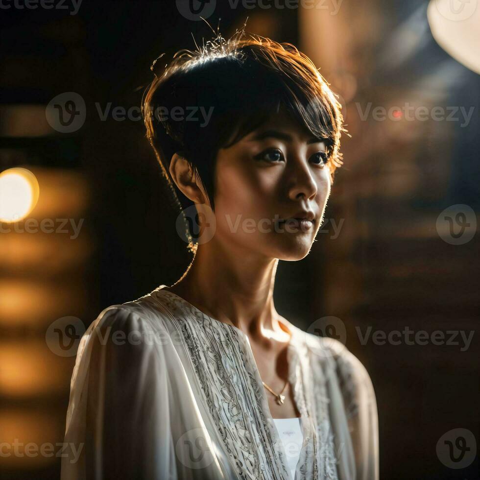 photo de magnifique Japonais asiatique femme avec court cheveux, génératif ai