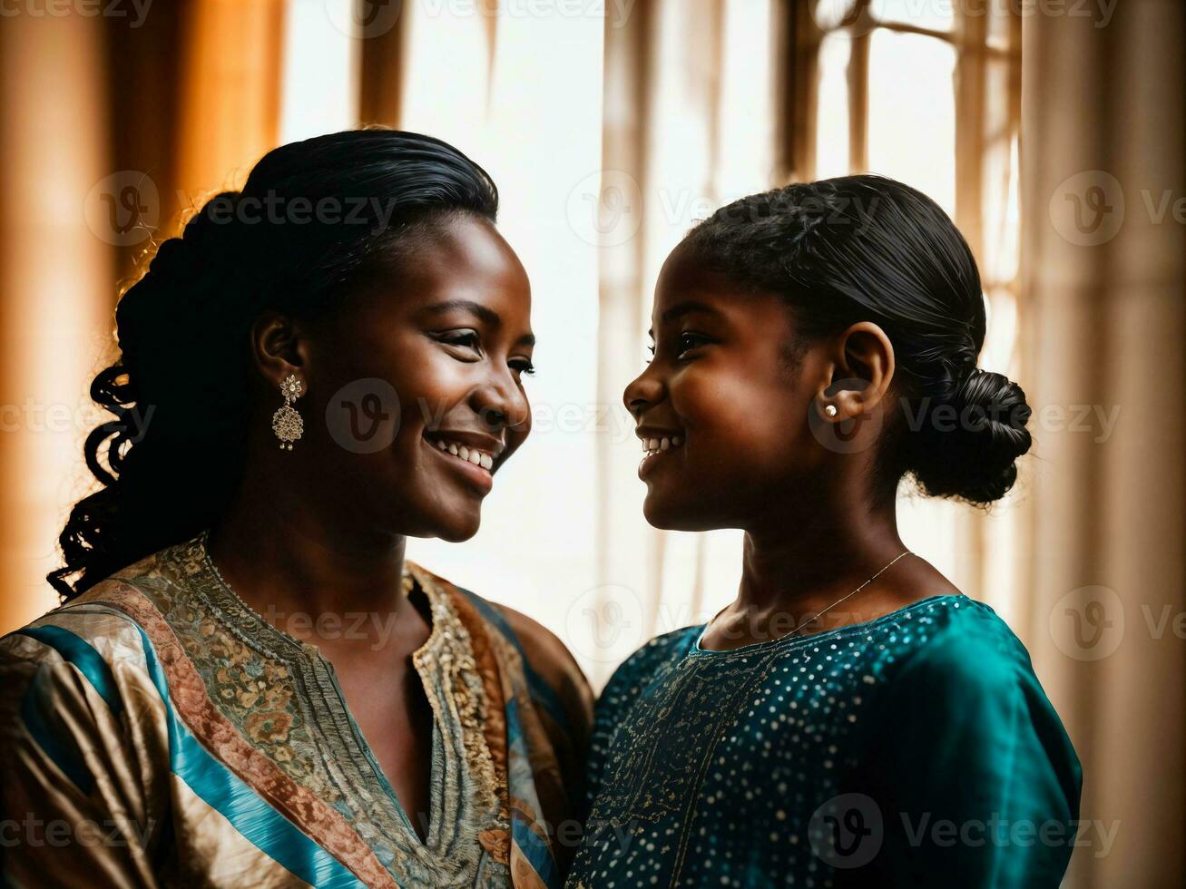 photo de content famille noir mère et fille, génératif ai