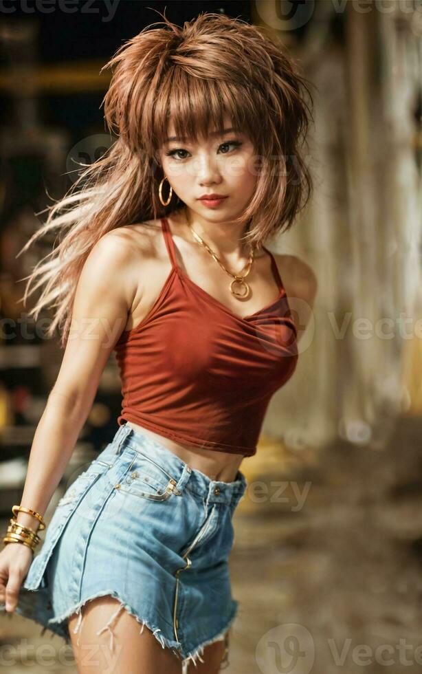 photo de adolescent espiègle asiatique femme avec accessoires et mulet coiffure, génératif ai