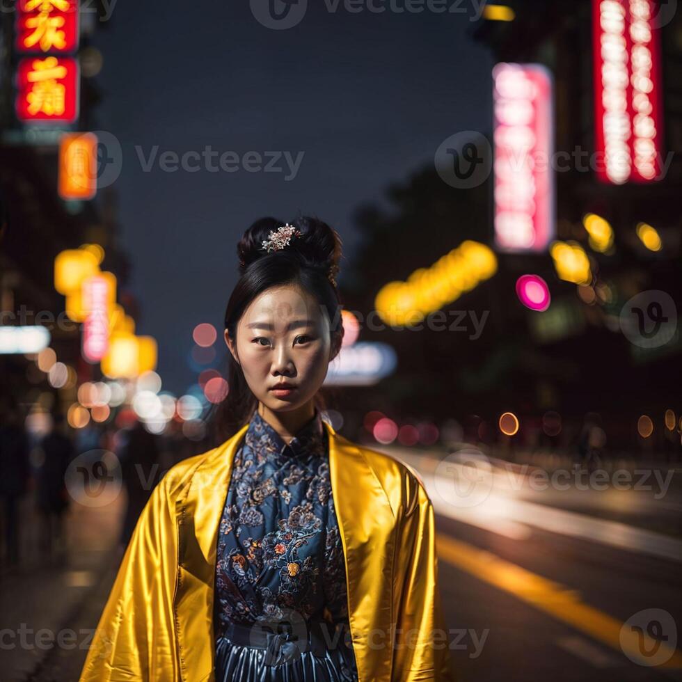 photo de asiatique femme à rue nuit avec lumière, génératif ai