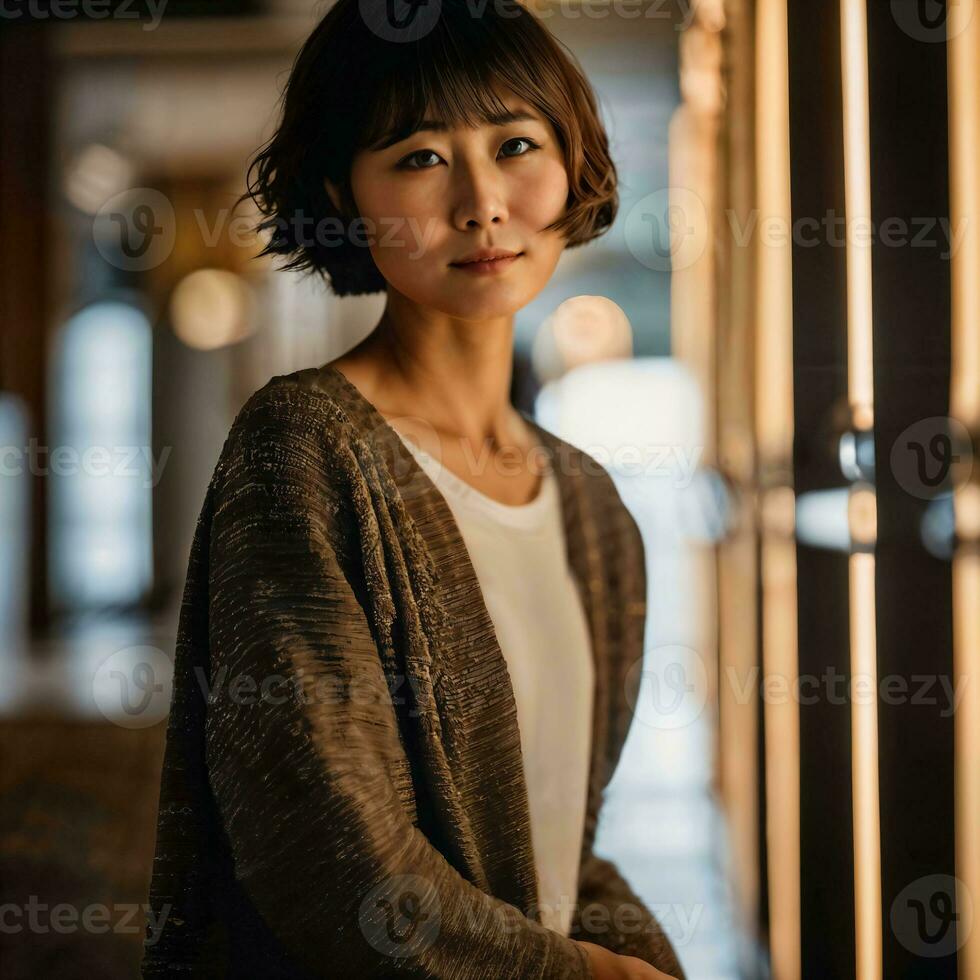 photo de magnifique Japonais asiatique femme avec court cheveux, génératif ai
