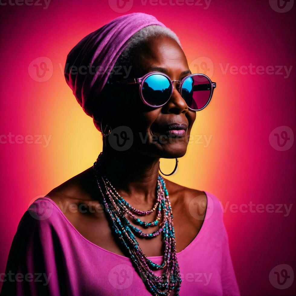 photo de milieu vieilli vieux africain femme avec avec mixte rose et bleu néon lumière, génératif ai