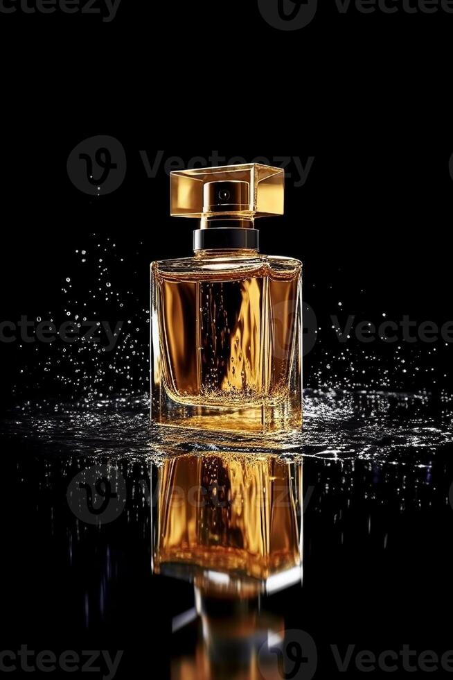 maquette d'or brillant parfum bouteille avec l'eau éclaboussure sur une miroir noir rester. endroit pour texte. concept de parfumerie et corps parfums. ai généré image photo