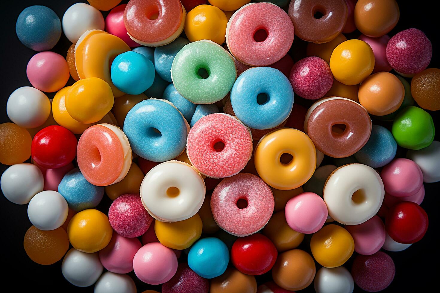 photo-réaliste de coloré des sucreries dans aérien vue pour Contexte fabriqué par ai généré photo