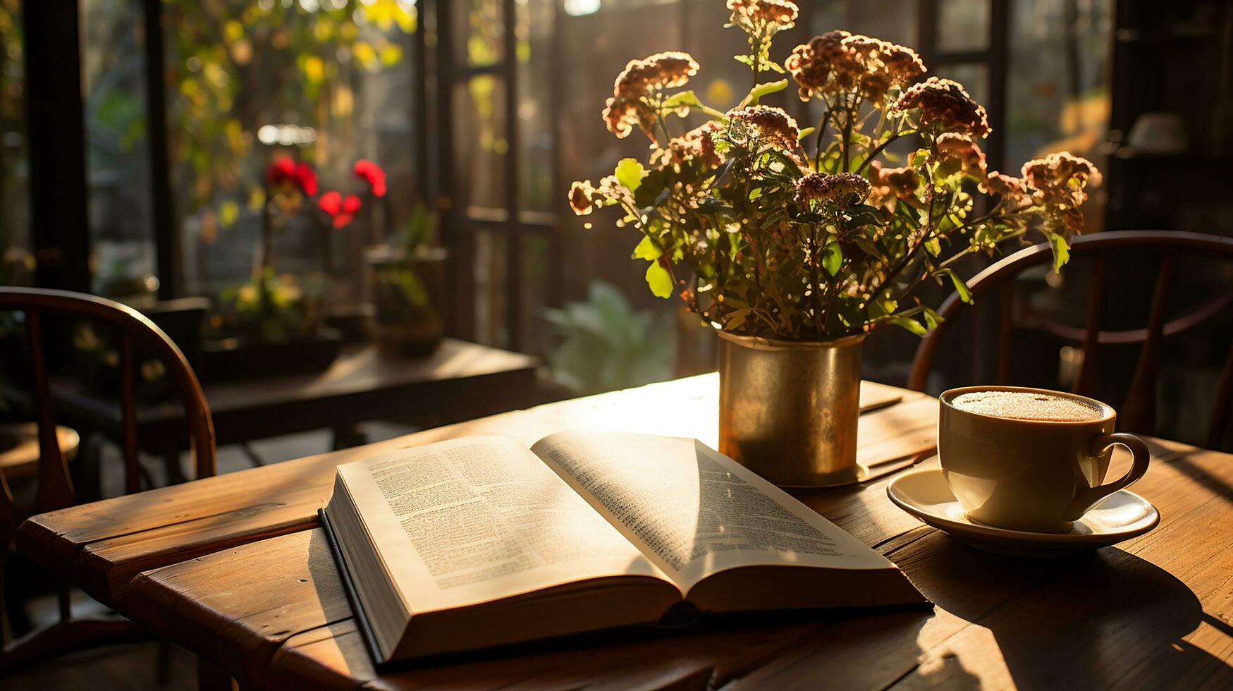 une tasse de café avec livre et stylo sur le en bois table ai généré photo