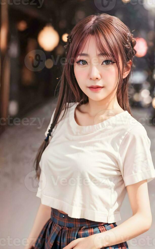 photo portrait de adolescent joyeux asiatique femme avec noir cheveux , génératif ai