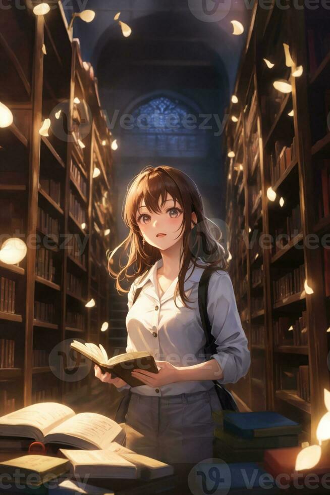 adolescent étudiant dans une bibliothèque plein de livres photo