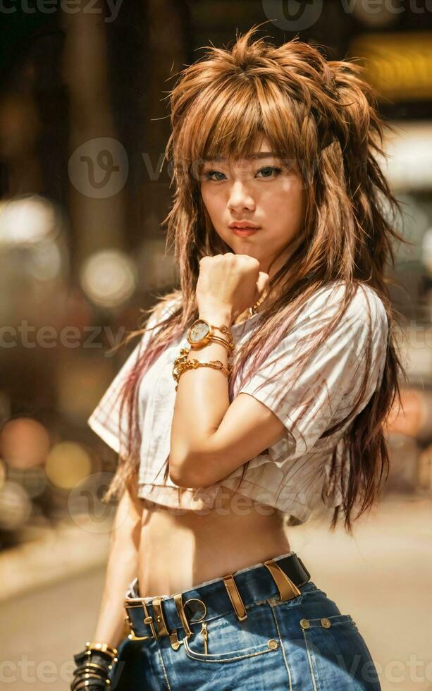 photo de adolescent espiègle asiatique femme avec accessoires et mulet coiffure, génératif ai