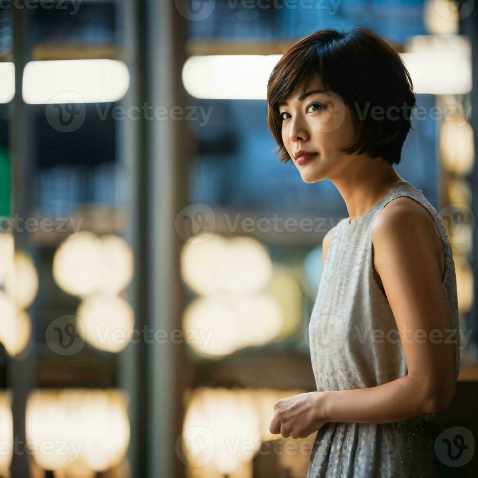 photo de magnifique Japonais asiatique femme avec court cheveux, génératif ai