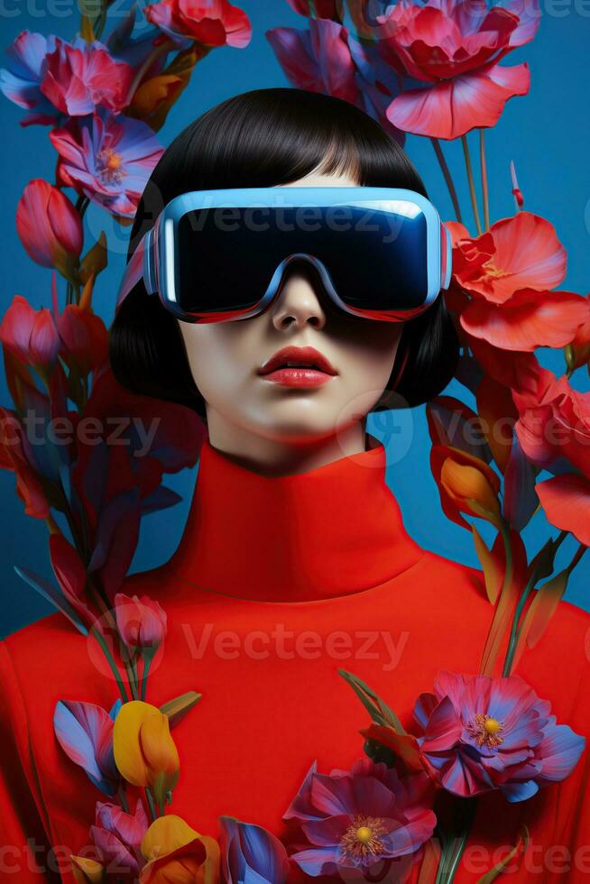 illustration de une mode portrait portant une virtuel réalité vr casque.,, ai généré. photo