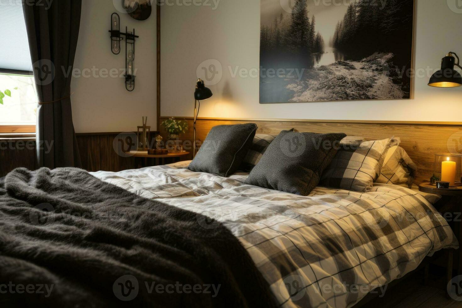 double lit avec couette et coussins et décors. photo