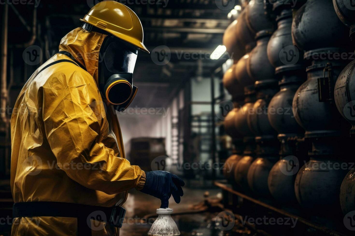 chimique spécialiste porter sécurité uniforme et gaz masque inspecter  chimique fuite dans industrie usine 28132667 Photo de stock chez Vecteezy