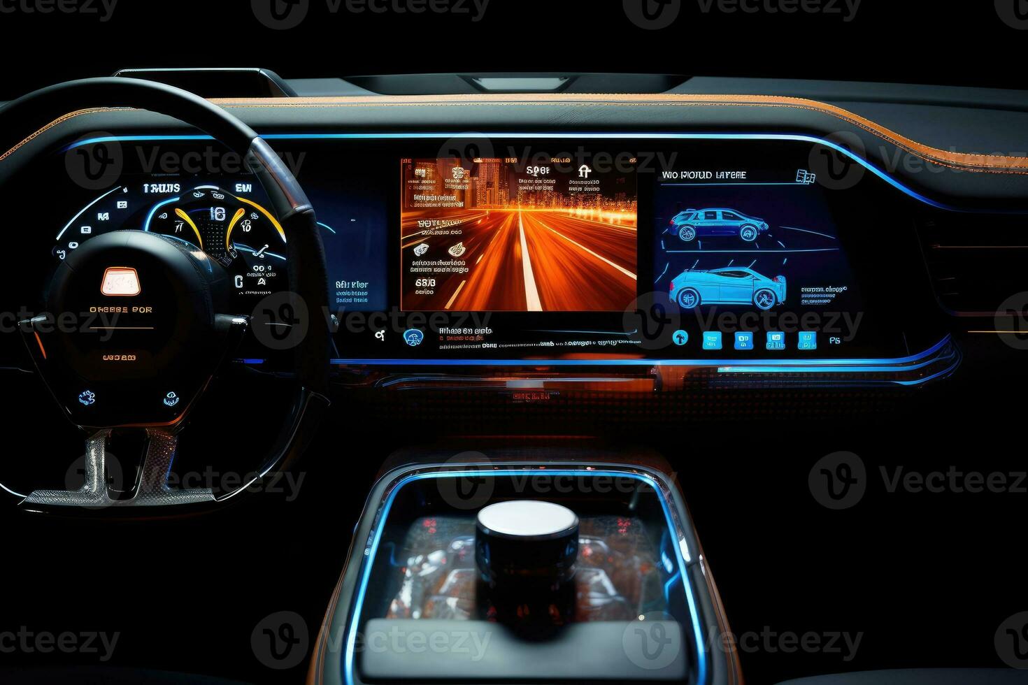 La technologie sur une Nouveau voiture tableau de bord. photo