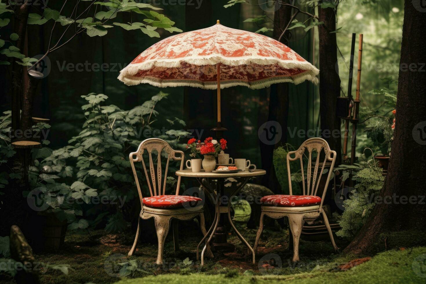 café table avec chaise et parasol parapluie dans le jardin photo