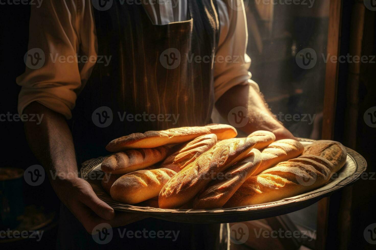 boulanger en portant une plateau plein de pains à l'intérieur une boulangerie photo