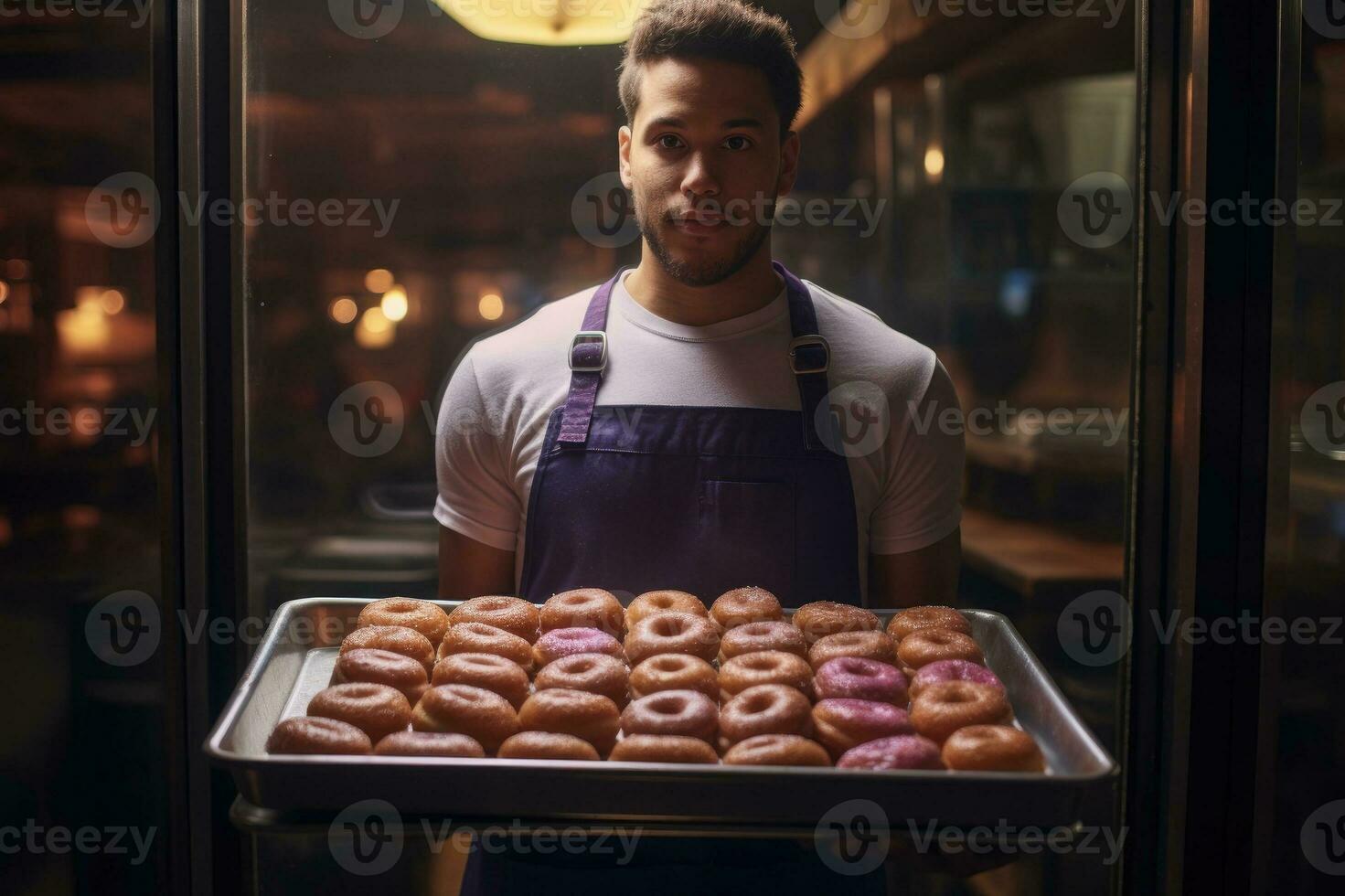 boulanger en portant une plateau plein de pains à l'intérieur une boulangerie photo