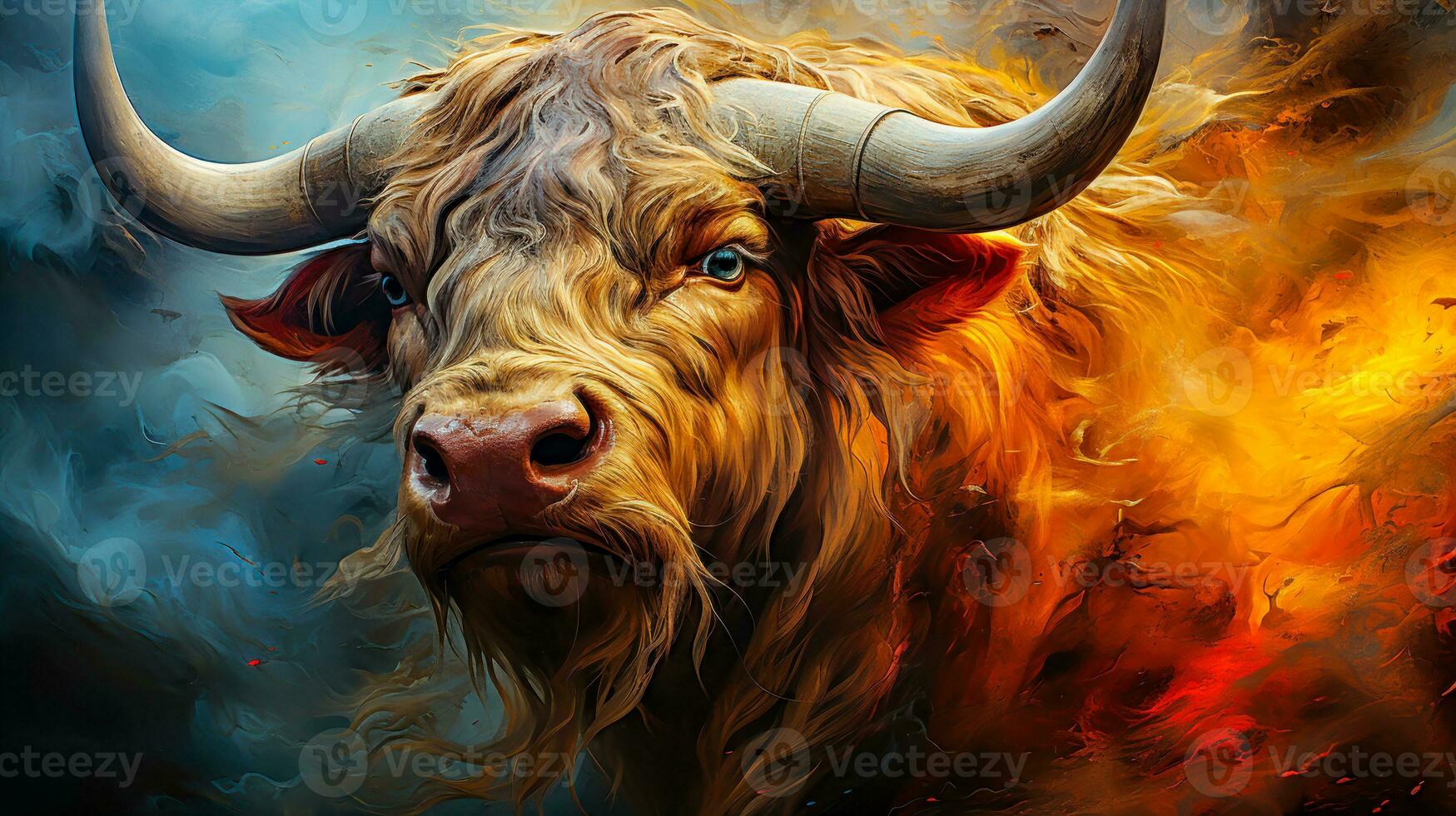 une montagnes vache dans flammes une spectaculaire et artistique sauvage poilu animal La peinture avec grand cornes ai généré photo