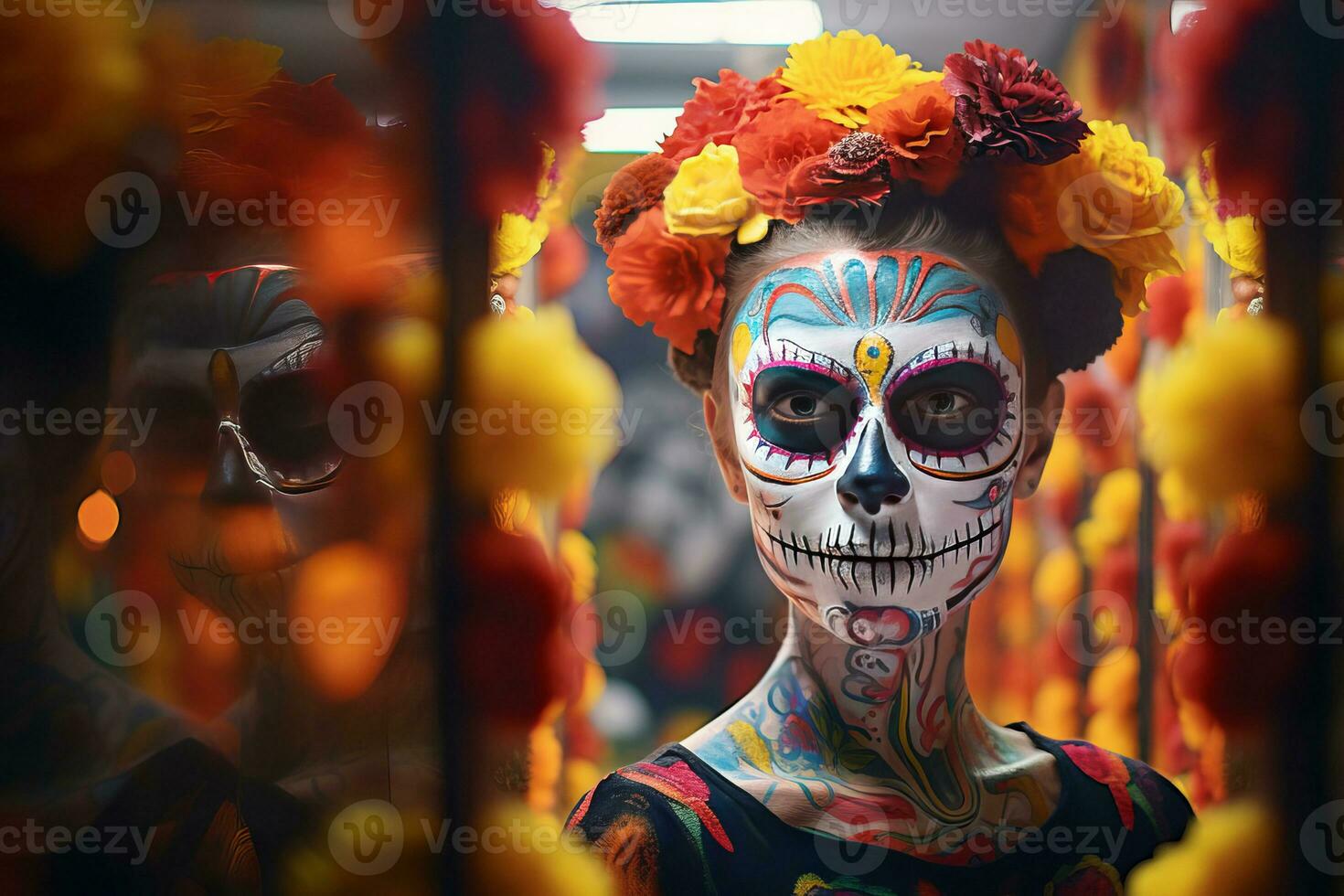 une fille met sur sa visage maquillage dans le forme de une crâne sur le mexicain traditionnel populaire vacances journée de le mort photo