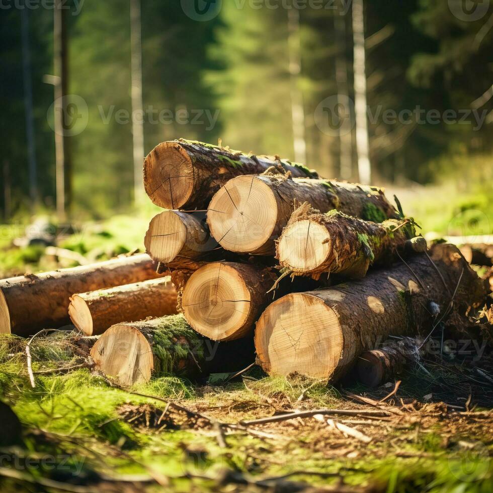 fermer abattu et scié arbre les troncs empilés sur le faubourgs de le forêt. photo