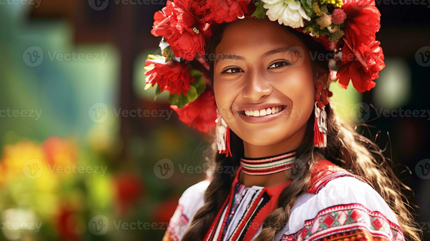 magnifique Jeune péruvien femme dans de fête nationale vêtements, souriant. ai généré. photo