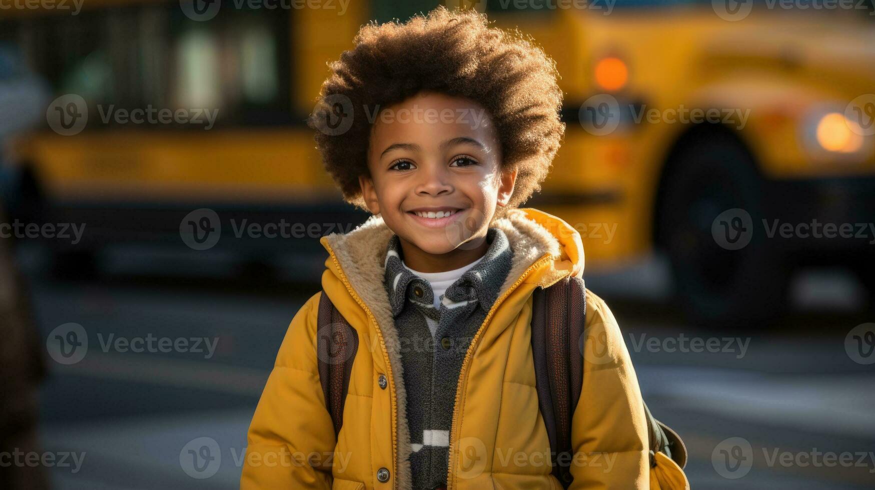 une Jeune enfant vivement des stands dans de face de une école autobus prêt à embarquer sur une Nouveau aventure rempli avec apprentissage et amitiés photo