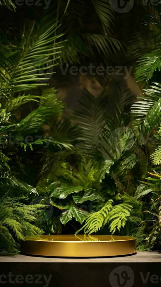 podium or dans tropical forêt pour produit présentation et vert mur. génératif ai photo