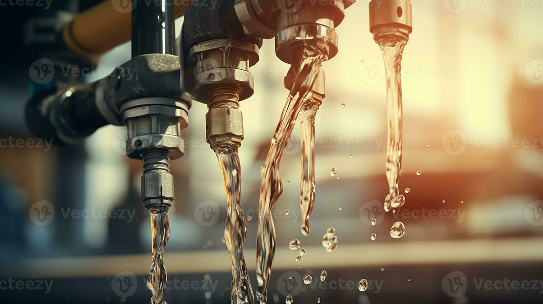 proche en haut vue de fuite et éclaboussure l'eau de le tuyau, robinet, robinet et téton tuyau. génératif ai photo