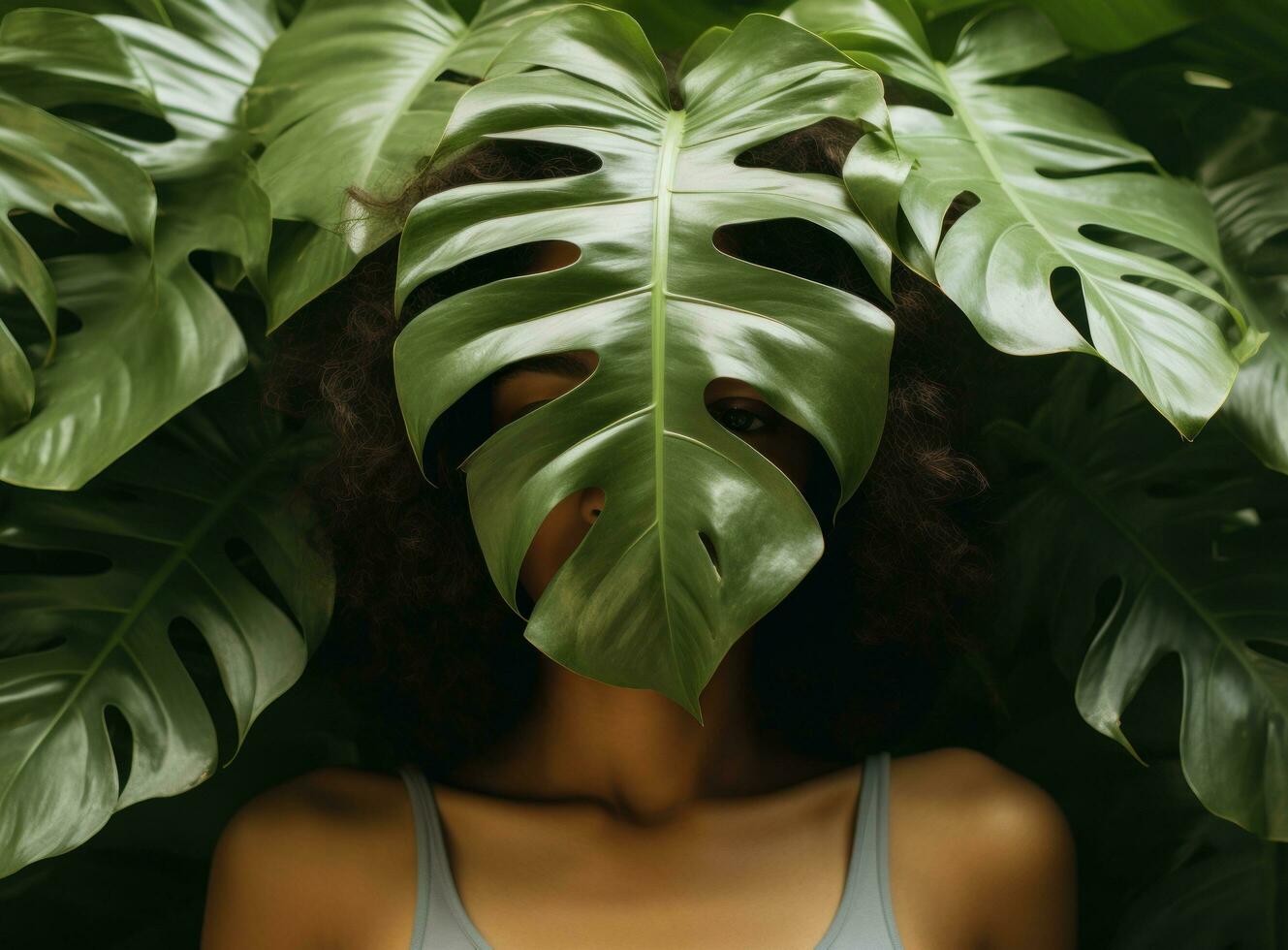 une Jeune femme en portant une grand feuille derrière sa tête photo