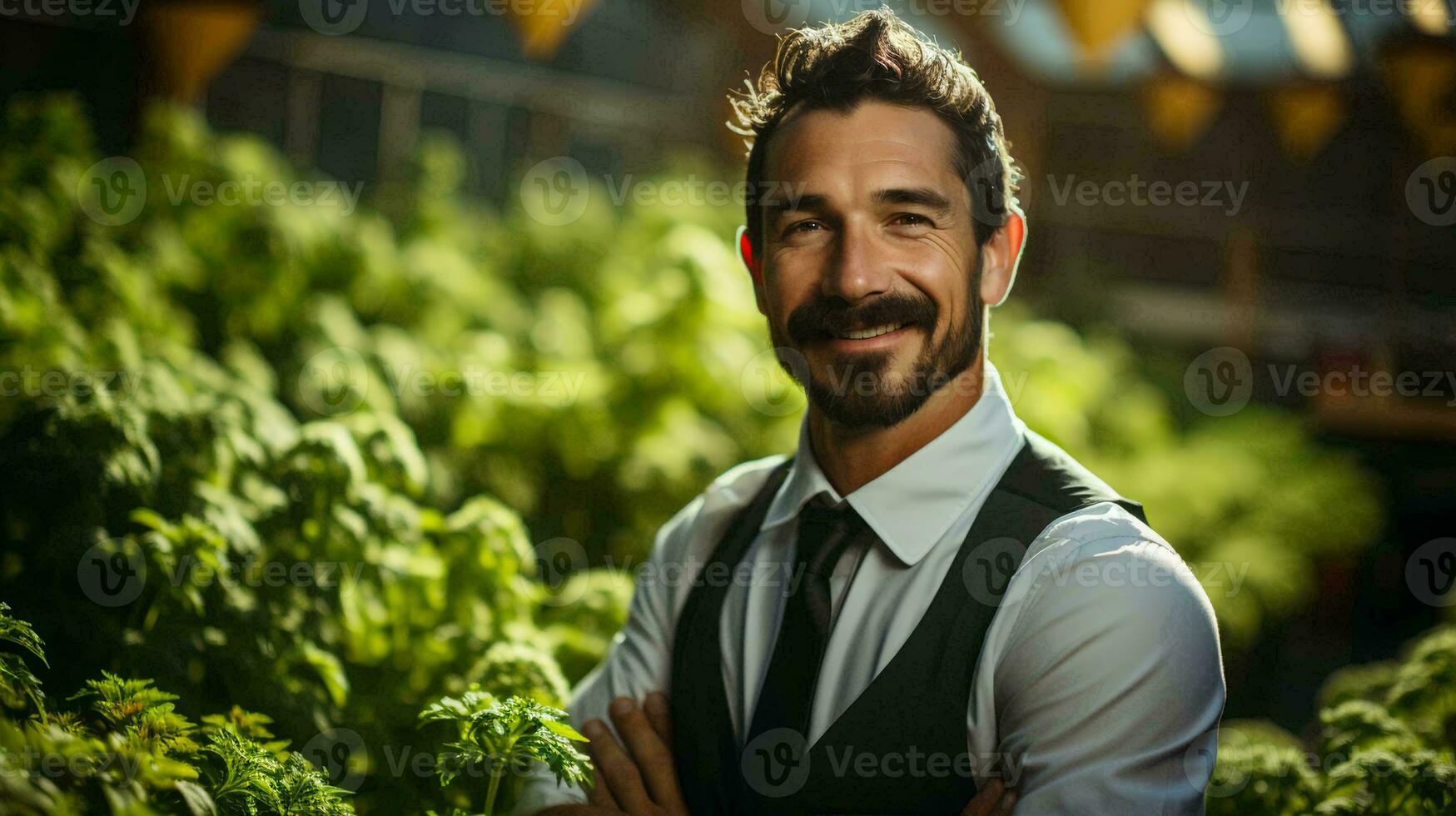 Beau Masculin agriculteur dans serre avec vert les plantes et des légumes photo