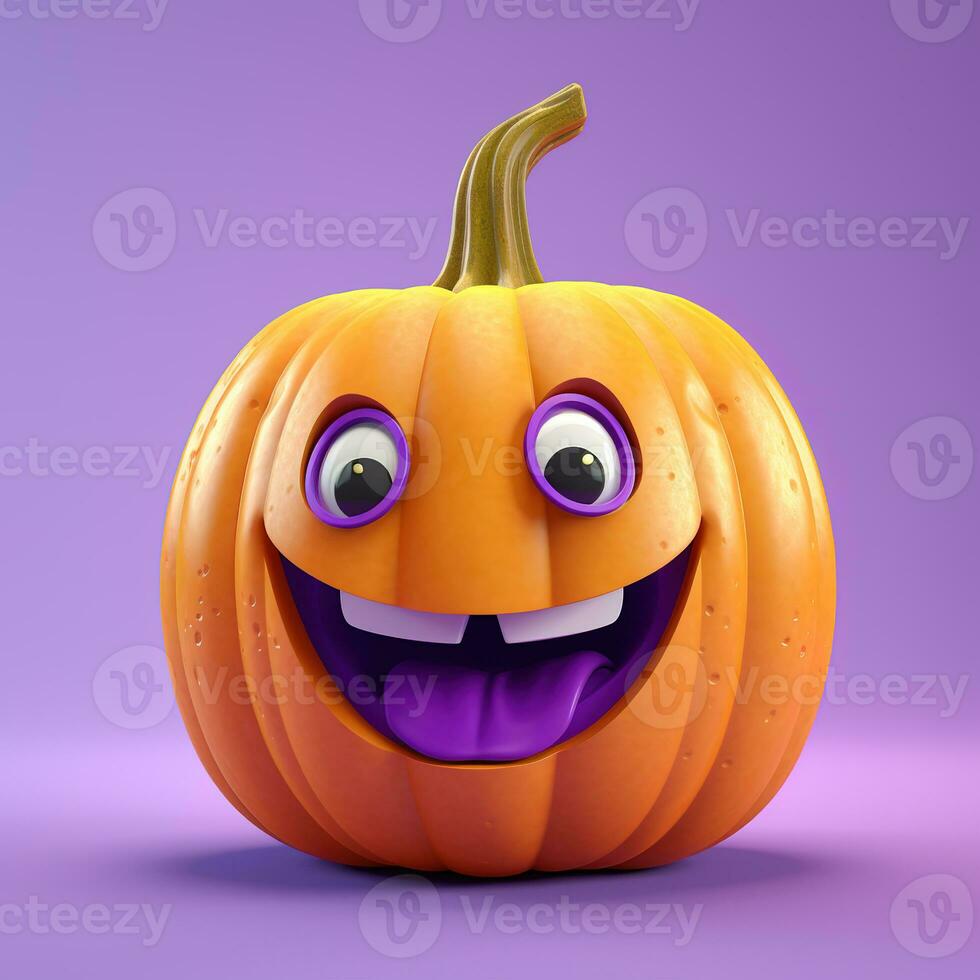 Halloween citrouille avec yeux et une sourire sur une lumière lilas arrière-plan, 3d photo