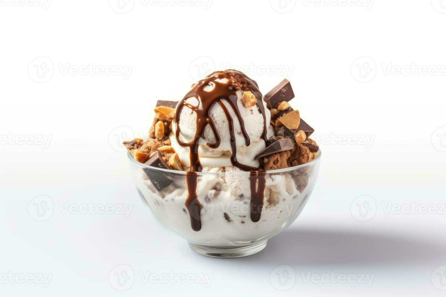 Haut vue de la glace crème avec Chocolat et des noisettes dans verre bol isolé sur blanc Contexte photo