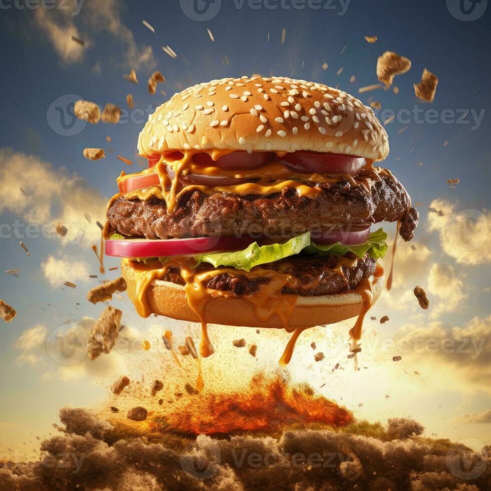 gros Hamburger avec en volant Ingrédients sur bleu ciel Contexte. vite nourriture concept photo