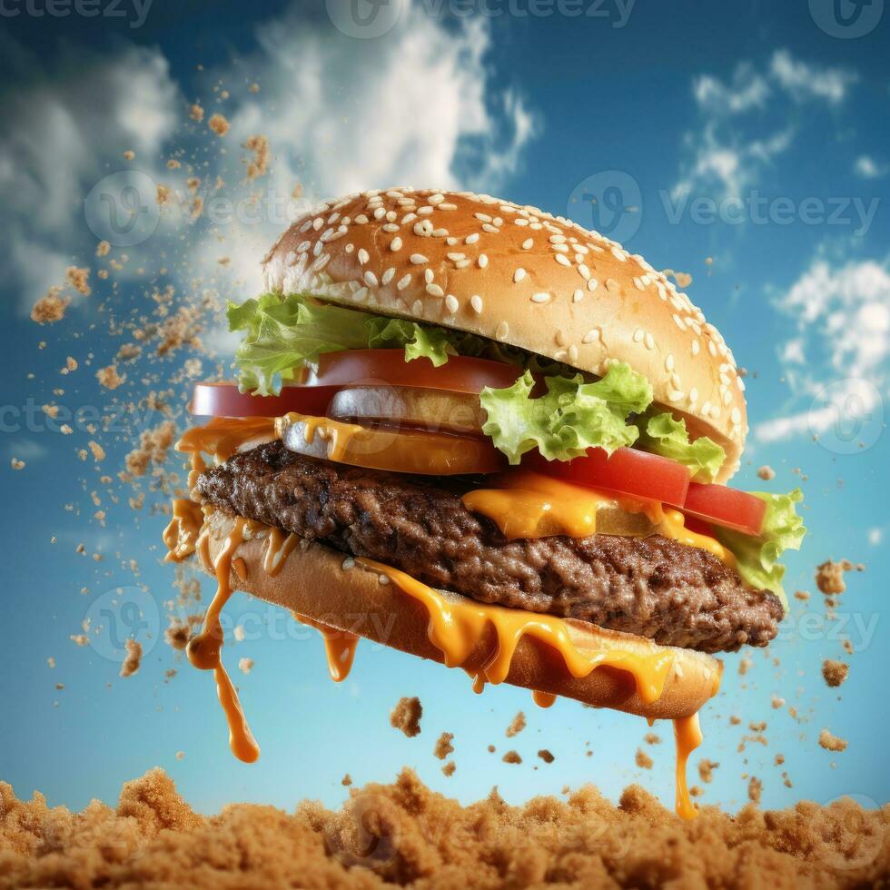 gros Hamburger avec en volant Ingrédients sur bleu ciel Contexte. vite nourriture concept photo