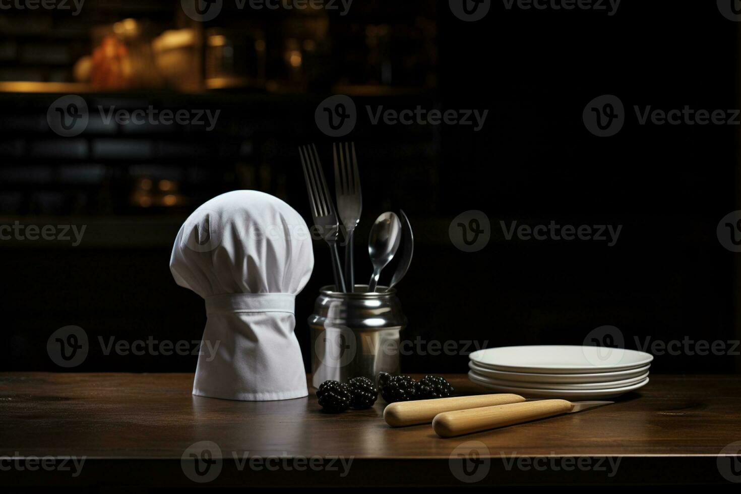 chef chapeau et cuisine ustensiles ensemble dans une ancien cuisine photo