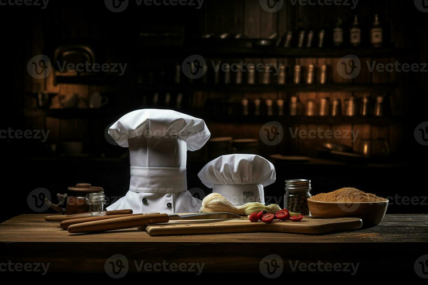 chef chapeau et cuisine ustensiles ensemble dans une ancien cuisine photo