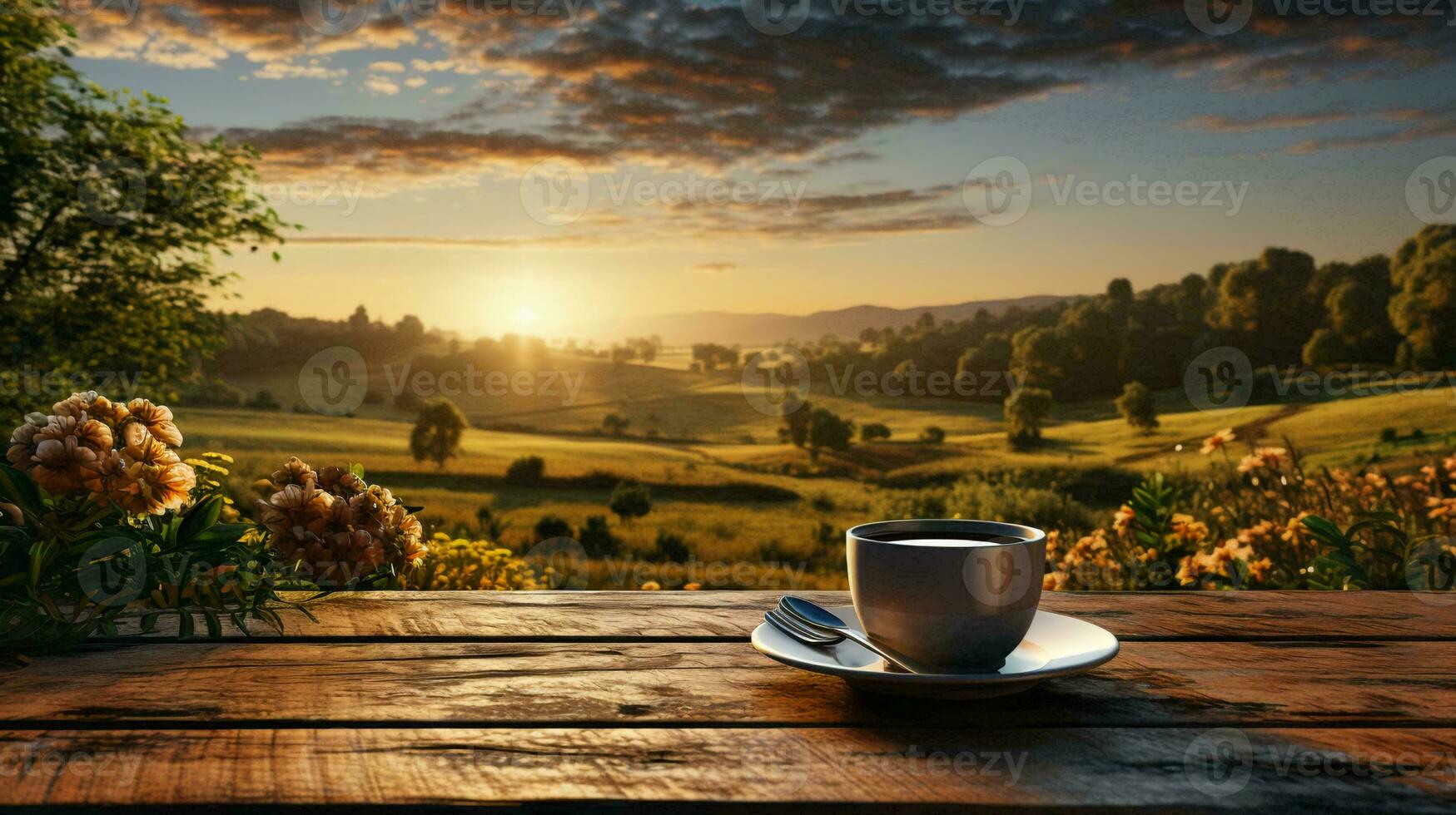 une tasse de délicieux café sur une en bois table contre le toile de fond de la nature à le coucher du soleil photo