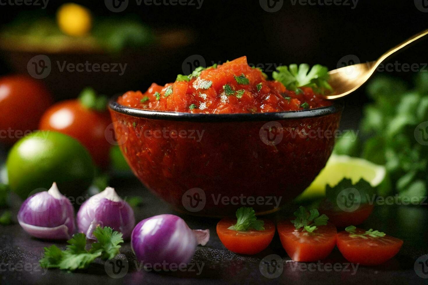 une cuillerée de salsa. le salsa est fabriqué de en dés tomates, rouge oignons, et coriandre. photo