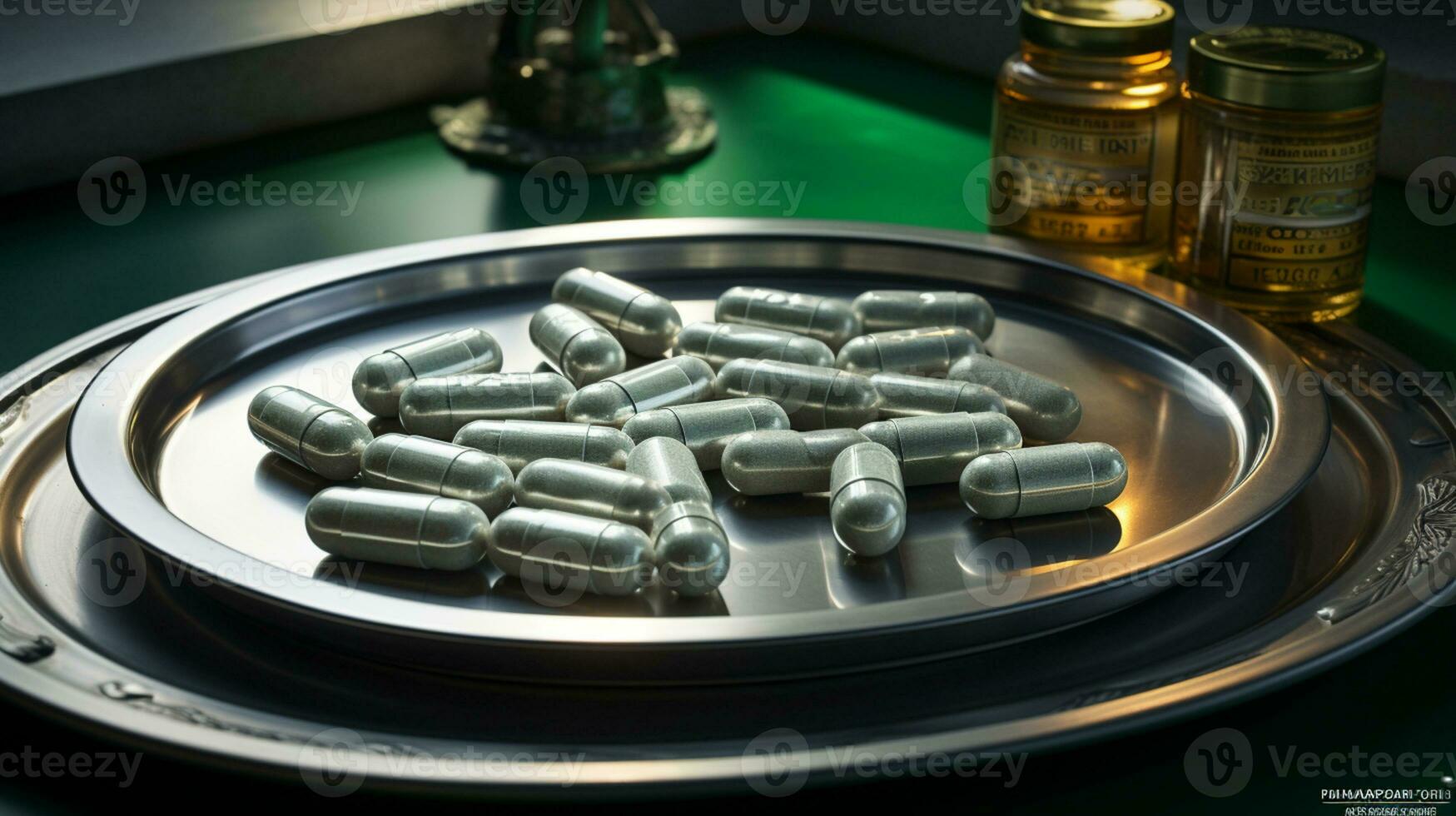 le pharmaceutique drogue-médecine pilules capsules dans argent plateau. utilisé pour soulager maladie, nourriture supplément, Haut voir, ai génératif photo