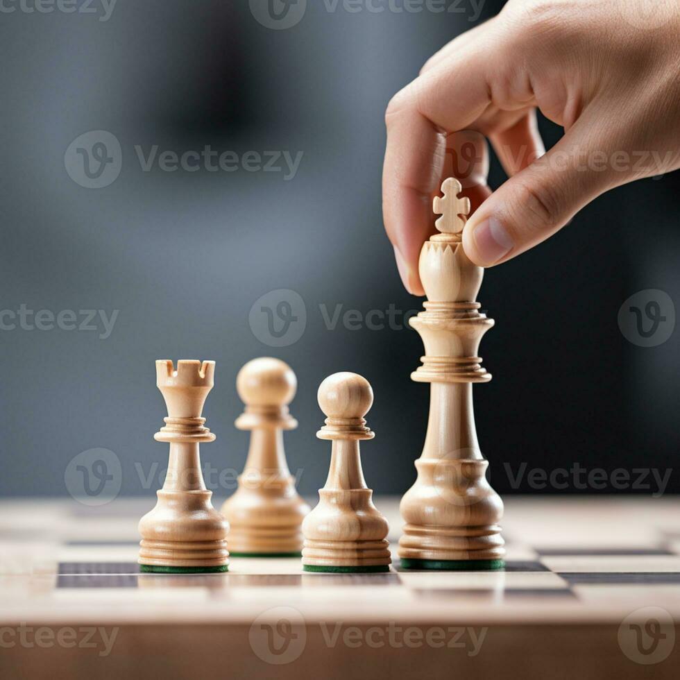 main de homme d'affaire en jouant une Jeu de échecs, stratégie planche jeu, problème résoudre, risque gestion., ai génératif photo