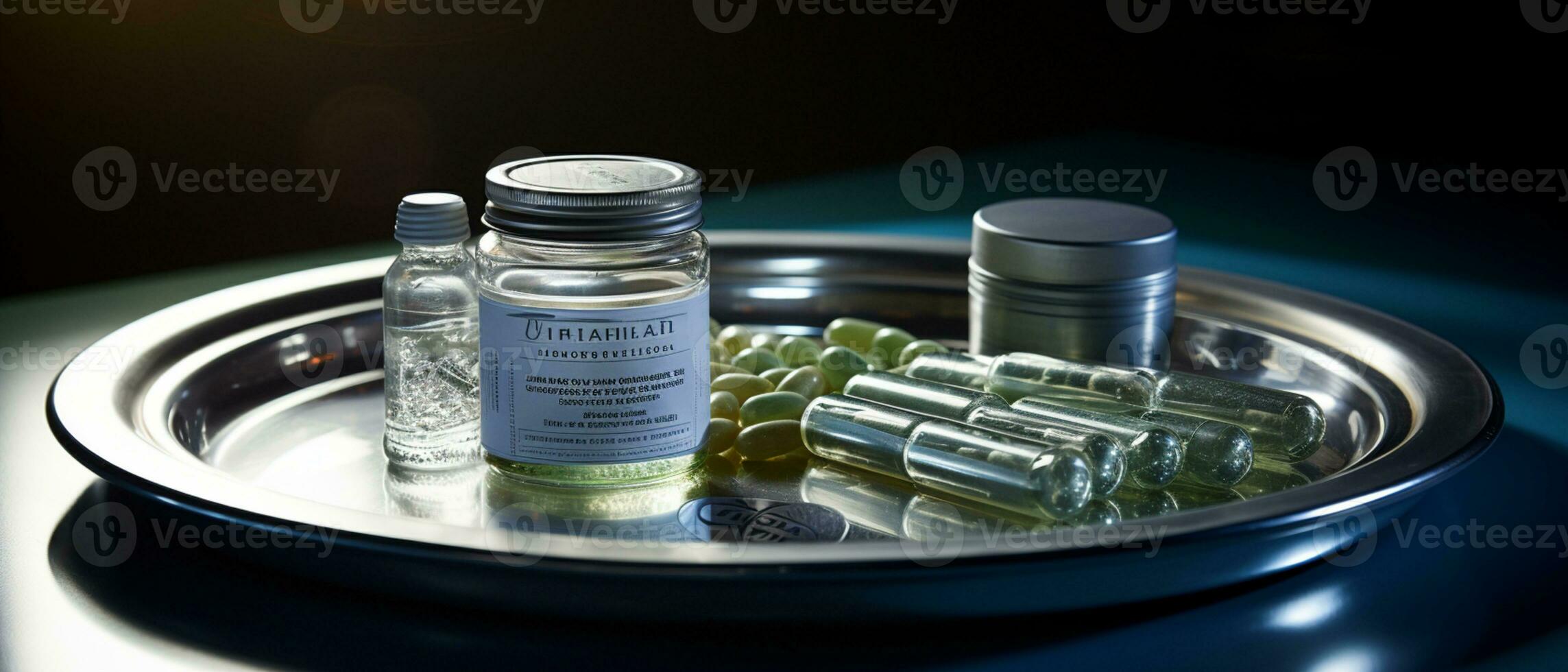 le pharmaceutique drogue-médecine pilules capsules dans argent plateau. utilisé pour soulager maladie, nourriture supplément, Haut vue photo