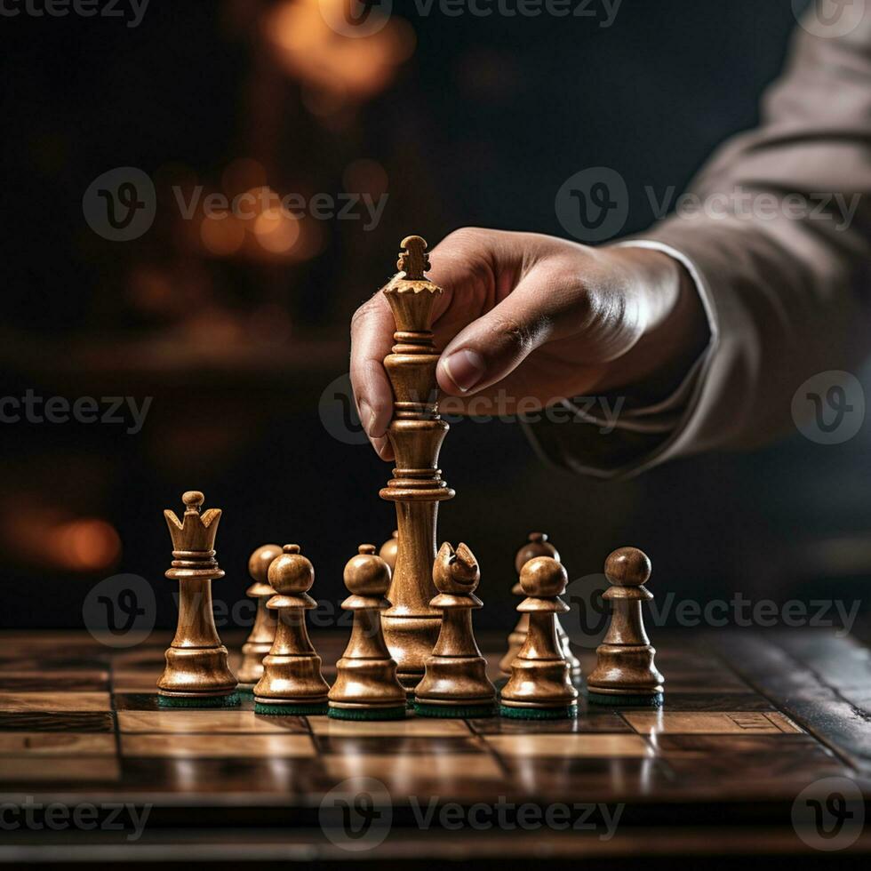 main de homme d'affaire en jouant une Jeu de échecs, stratégie planche jeu, problème résoudre, risque gestion. photo