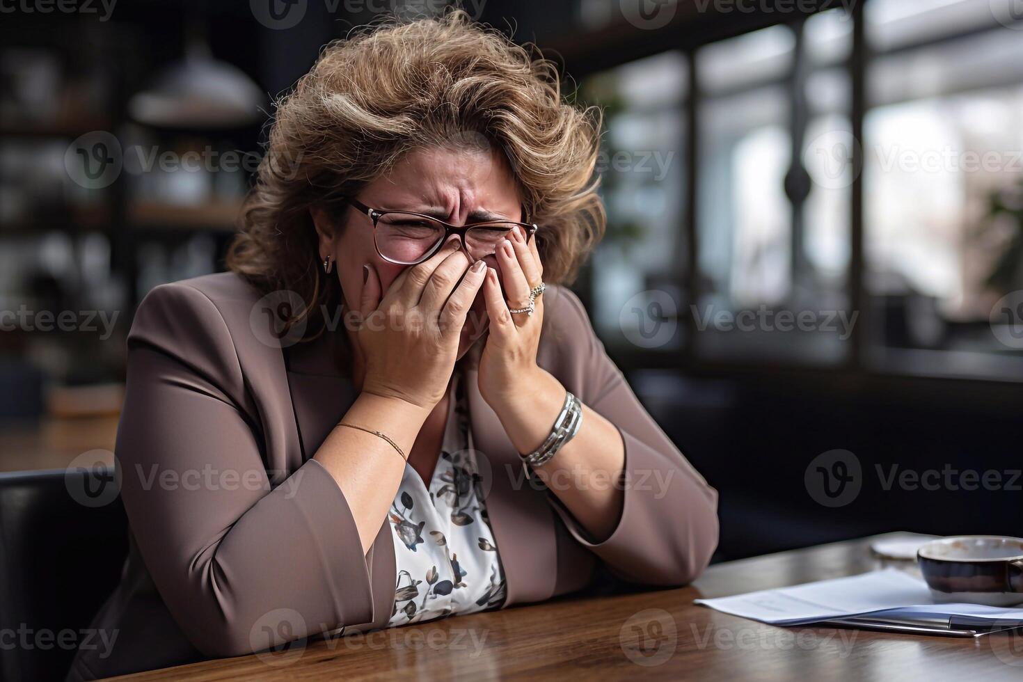 plus Taille affaires directeur dans le Bureau pleurs en colère affronter, tête colombien femme 60 ans vieux dans Bureau vêtements. photo