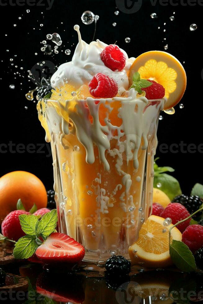 Milk-shake dans une clair verre de fruit dans le Contexte avec Lait éclaboussures et gouttes photo