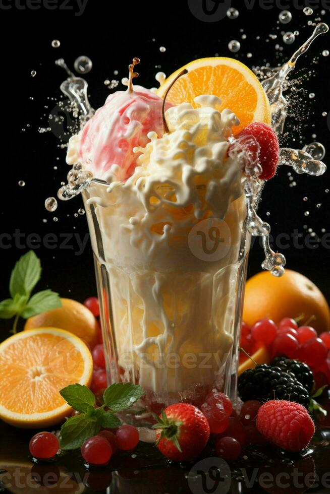 Milk-shake dans une clair verre de fruit dans le Contexte avec Lait éclaboussures et gouttes photo